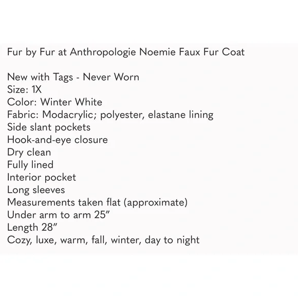 Anthropologie Noemie faux Fur Jacket Off White Color NWT SZ 1X - Picture 12 of 13